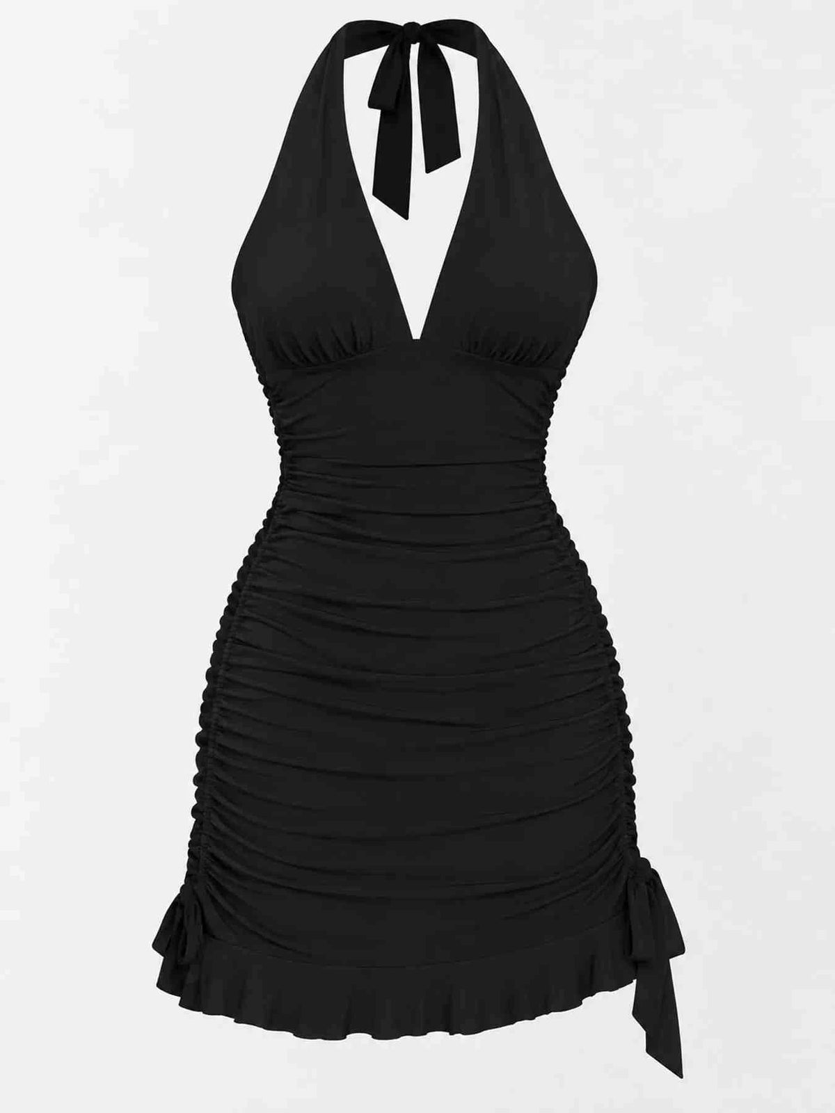 Vestido Mini Justo Franzido com Laço Atrás