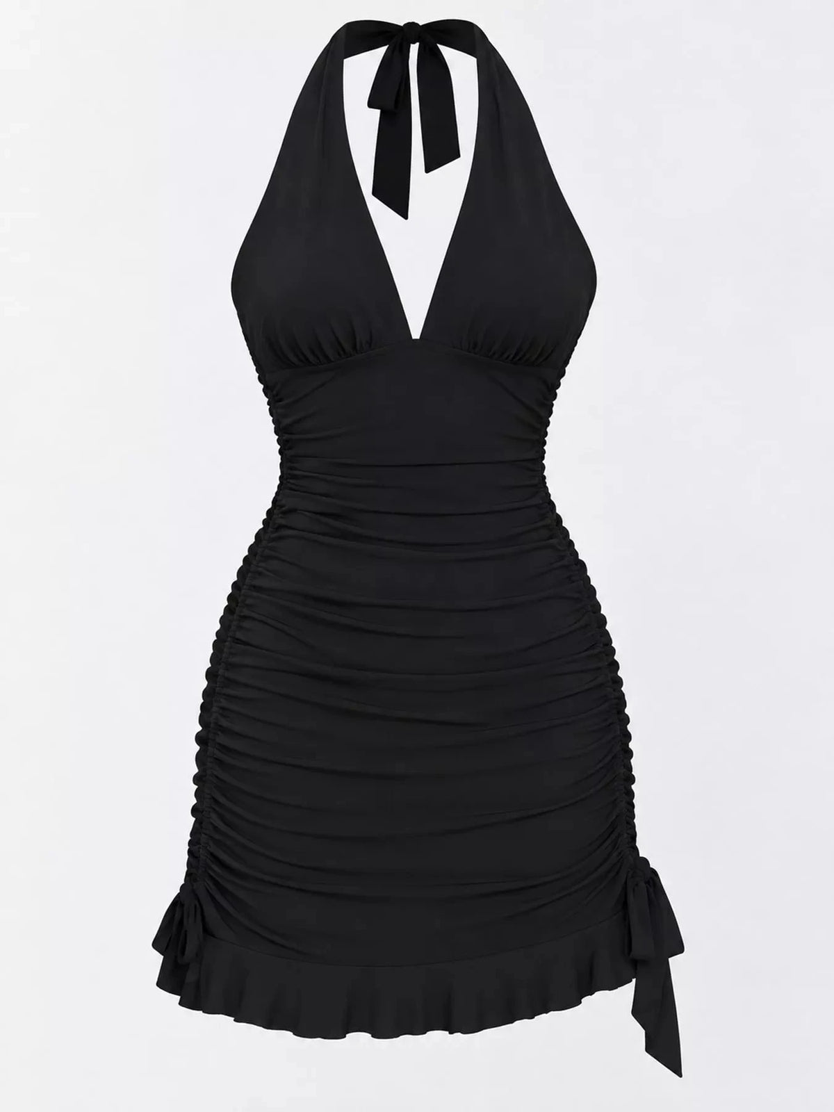 Vestido Mini Justo Franzido com Laço Atrás
