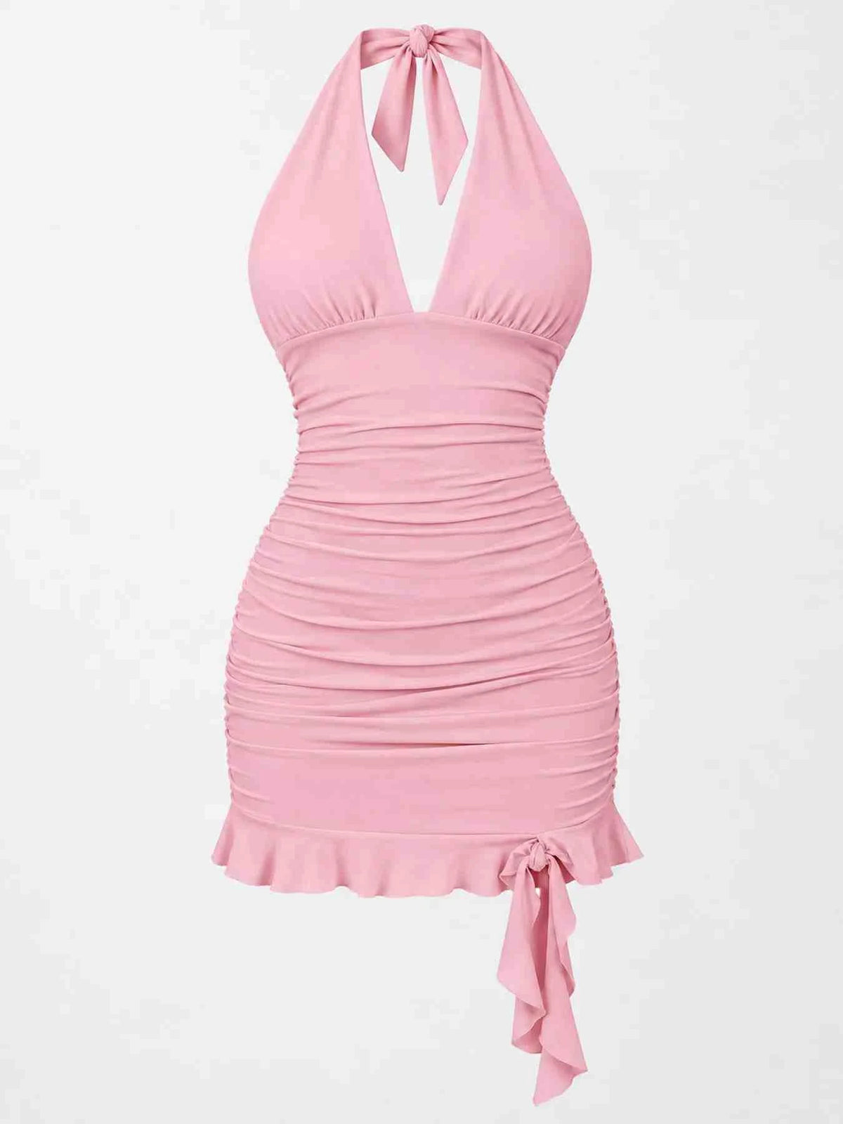 Vestido Mini Justo Franzido com Laço Atrás