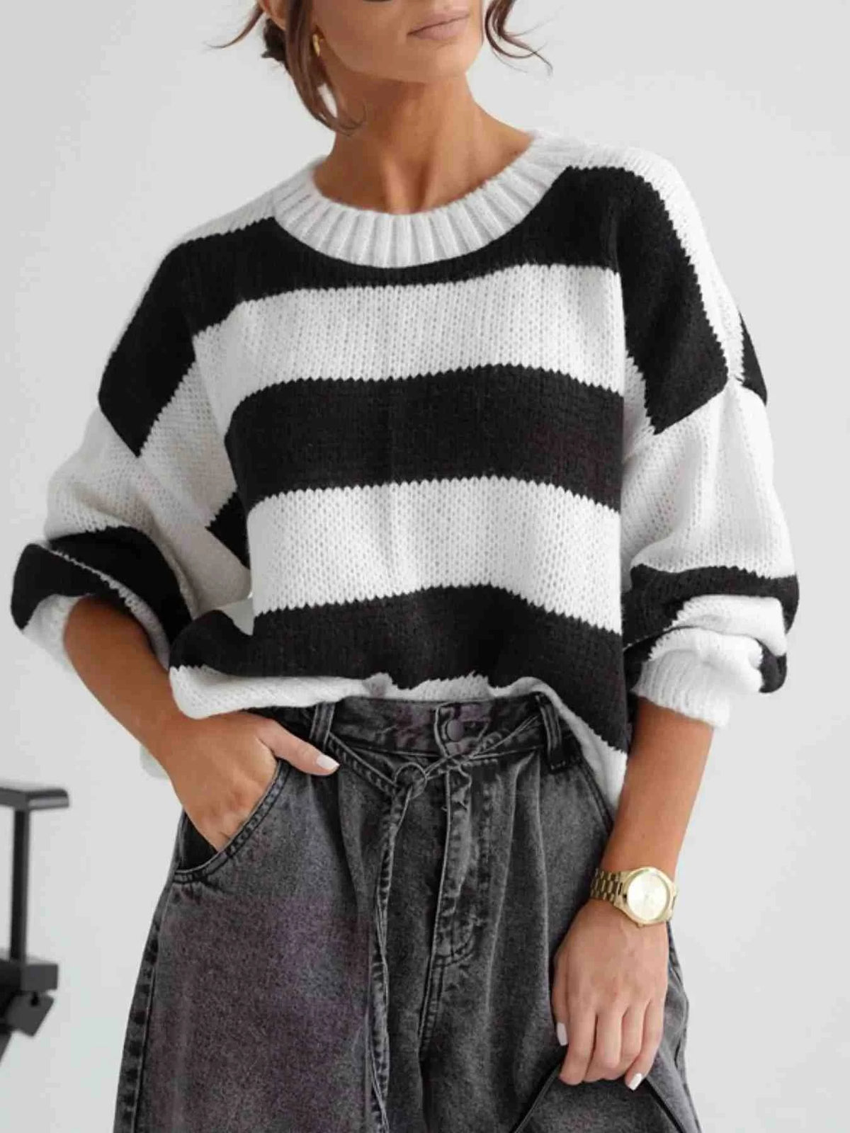 Camisola às Riscas de Ombros Descaídos