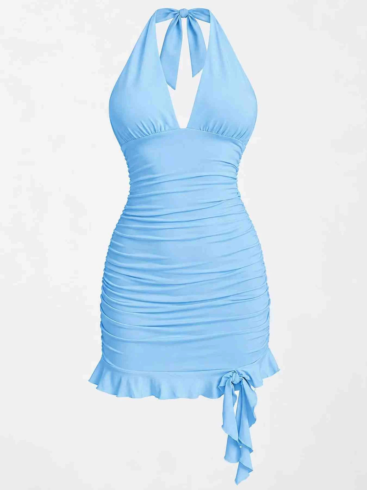 Vestido Mini Justo Franzido com Laço Atrás