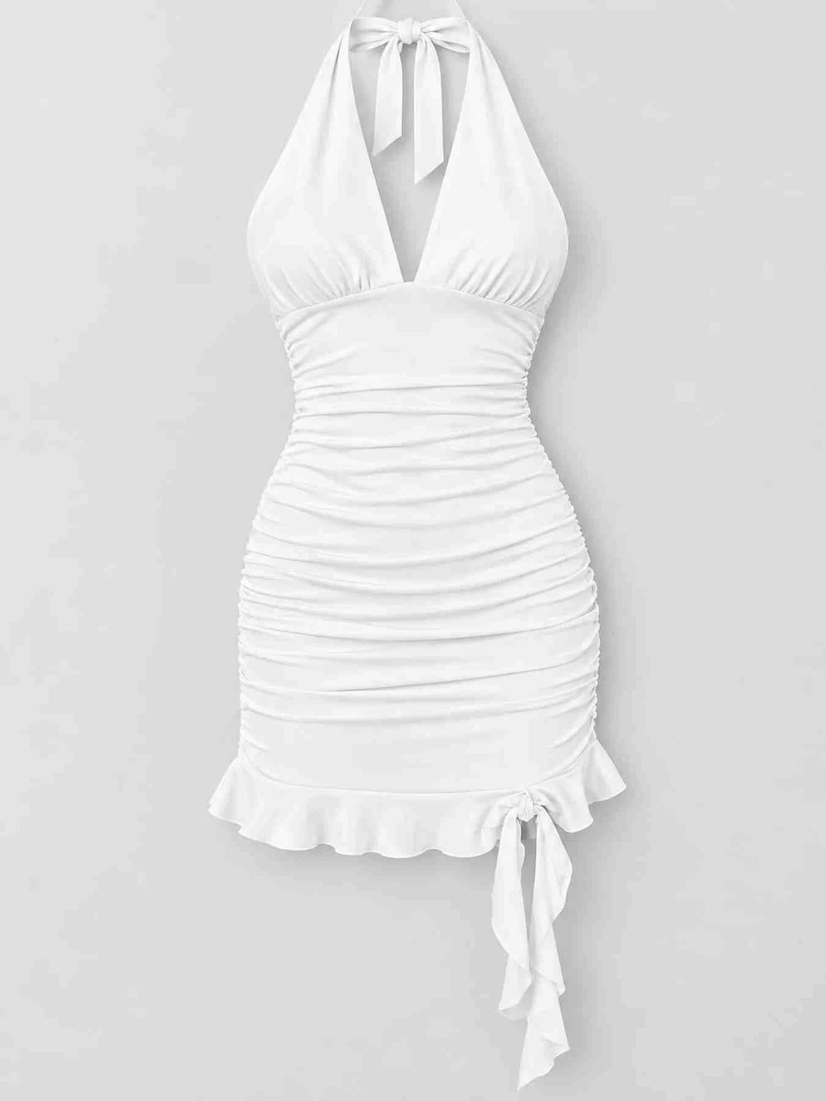 Vestido Mini Justo Franzido com Laço Atrás