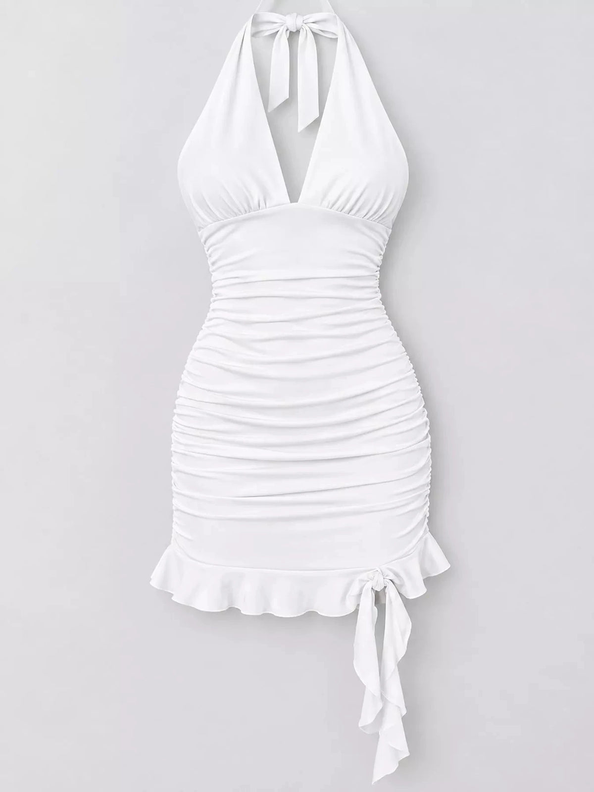 Vestido Mini Justo Franzido com Laço Atrás