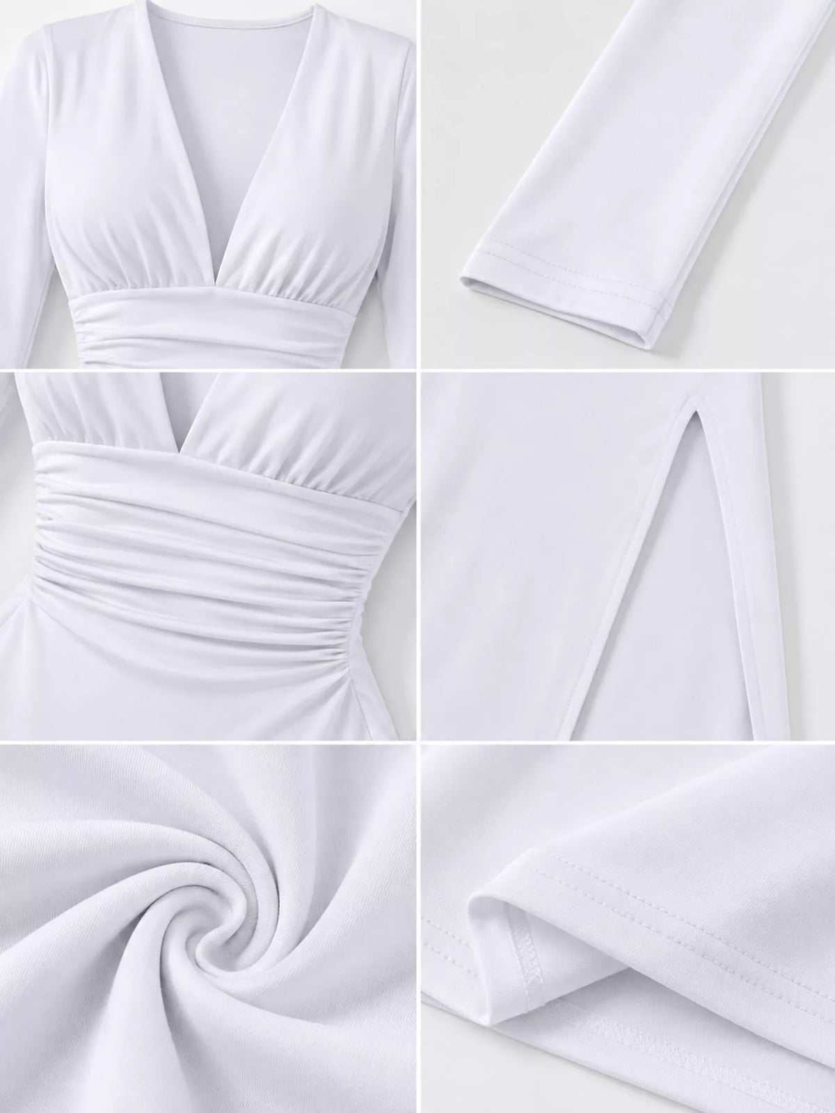 Vestido Justo Franzido com Decote em V Profundo e Fenda Alta