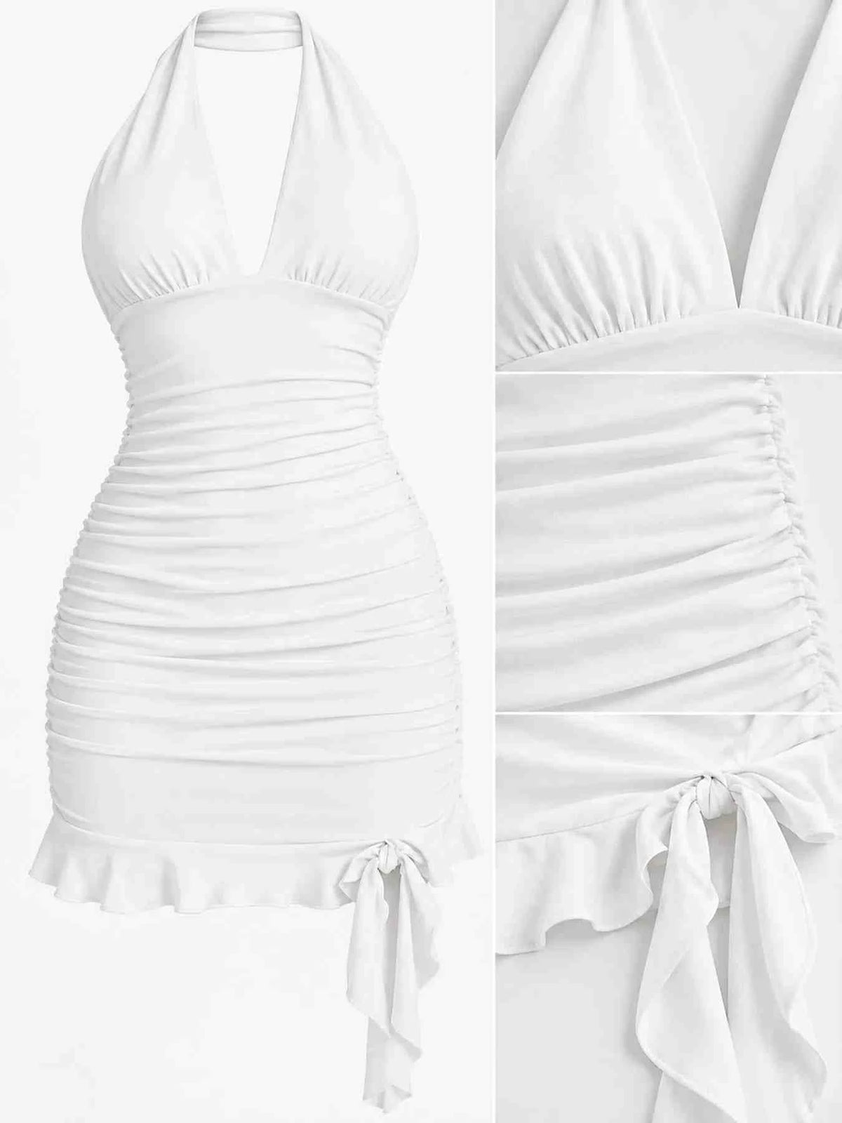 Vestido Mini Justo Franzido com Laço Atrás