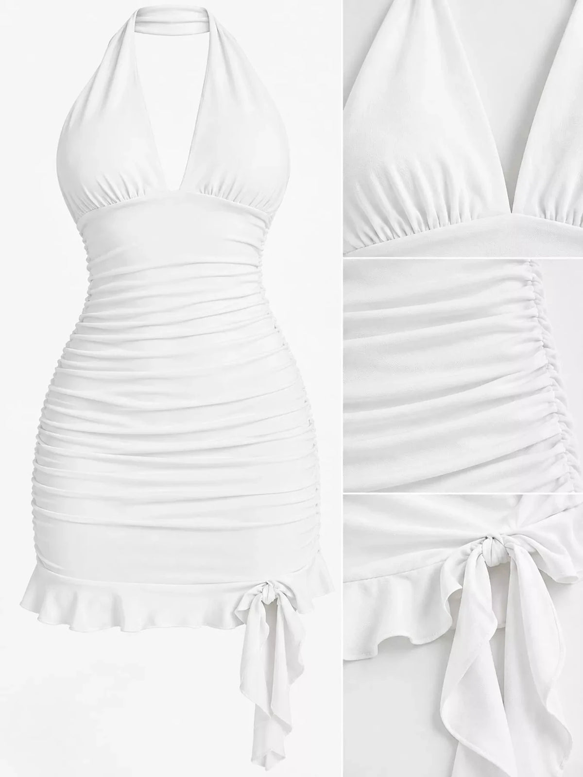 Vestido Mini Justo Franzido com Laço Atrás