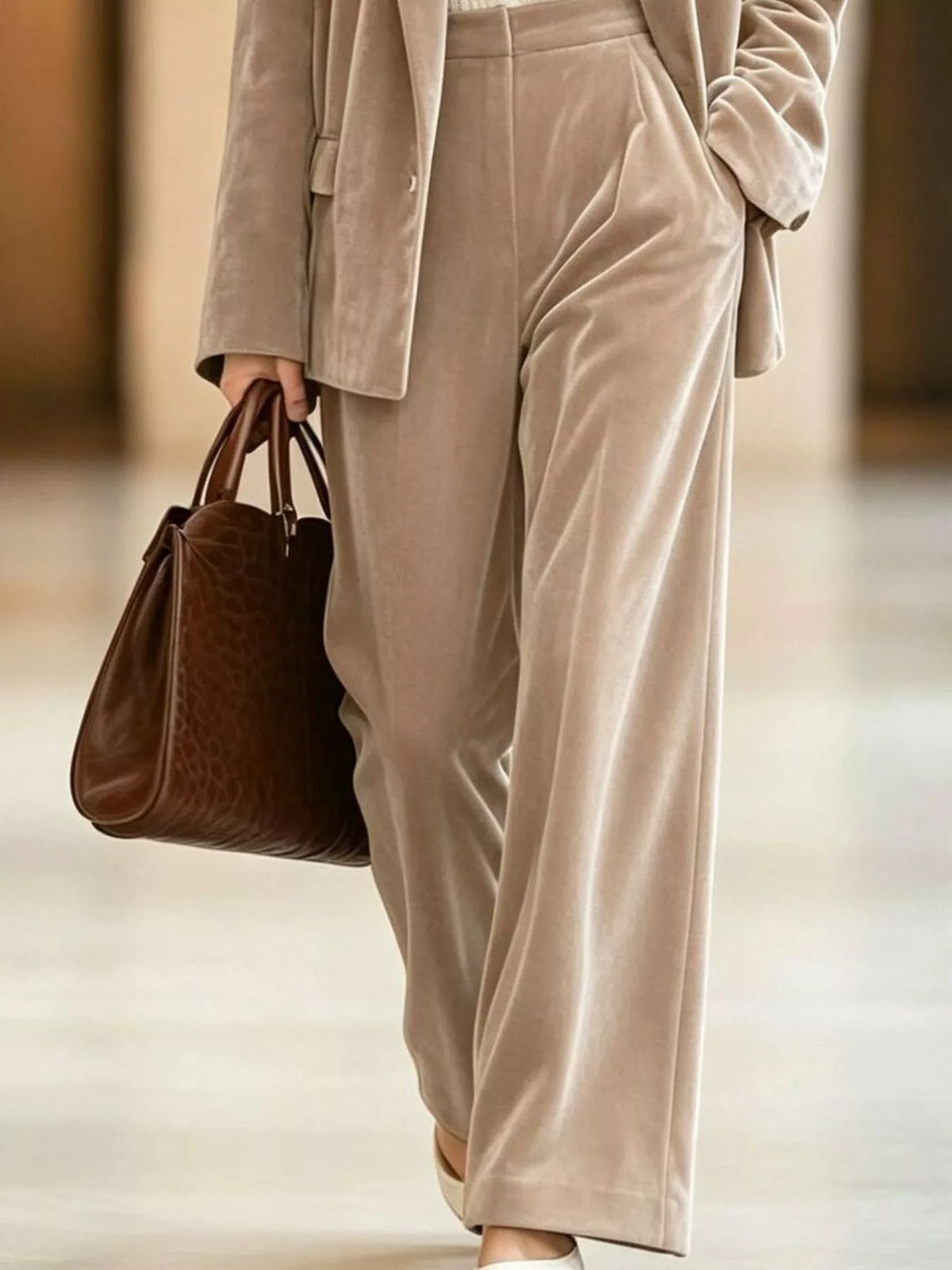 Conjunto de Blazer em Veludo e Calças Wide-Leg