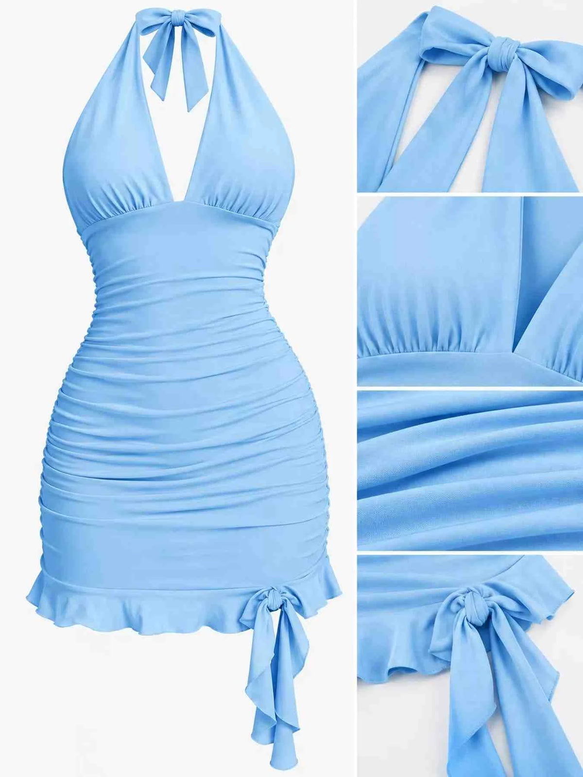 Vestido Mini Justo Franzido com Laço Atrás