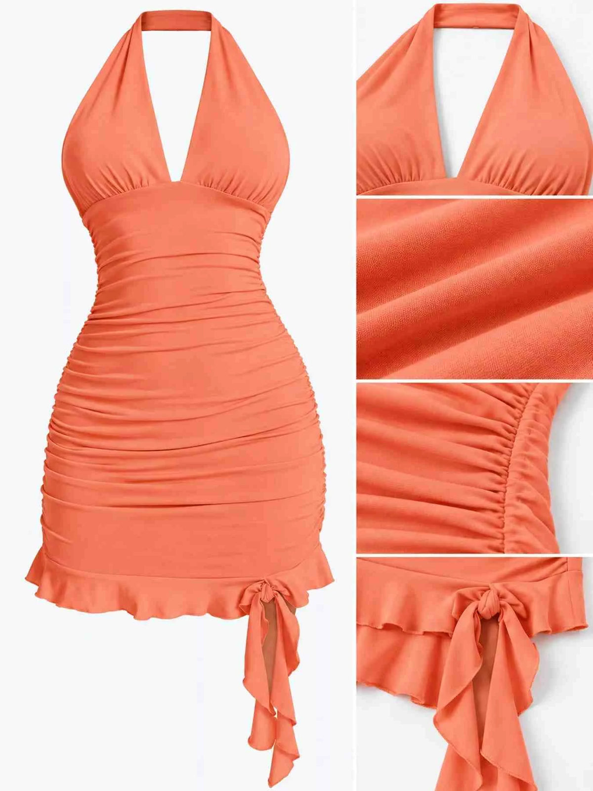Vestido Mini Justo Franzido com Laço Atrás