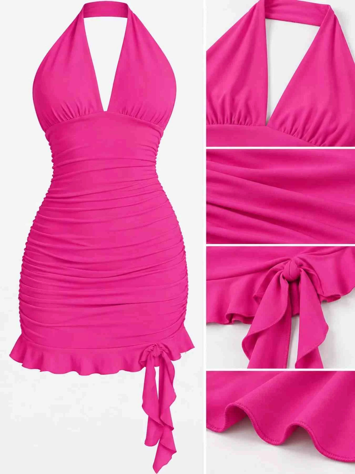 Vestido Mini Justo Franzido com Laço Atrás