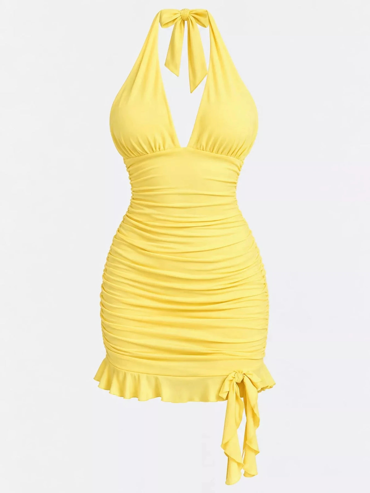 Vestido Mini Justo Franzido com Laço Atrás