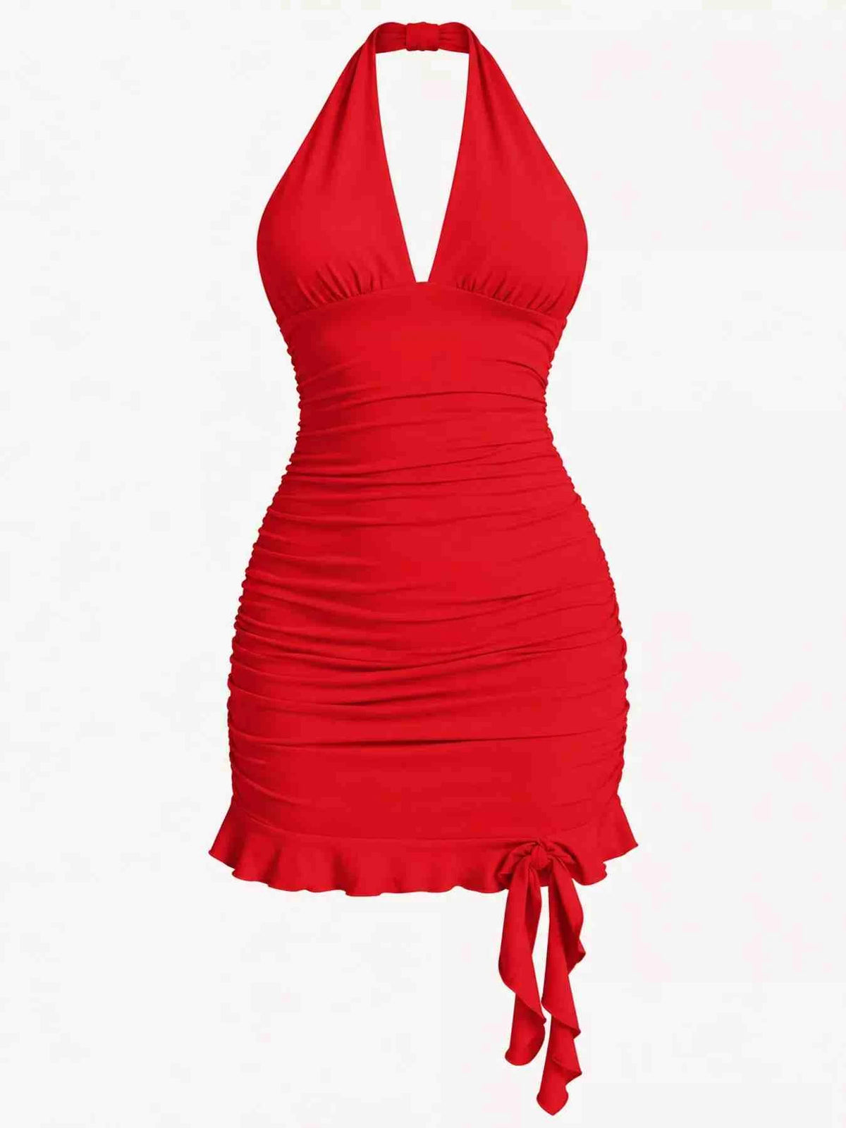 Vestido Mini Justo Franzido com Laço Atrás
