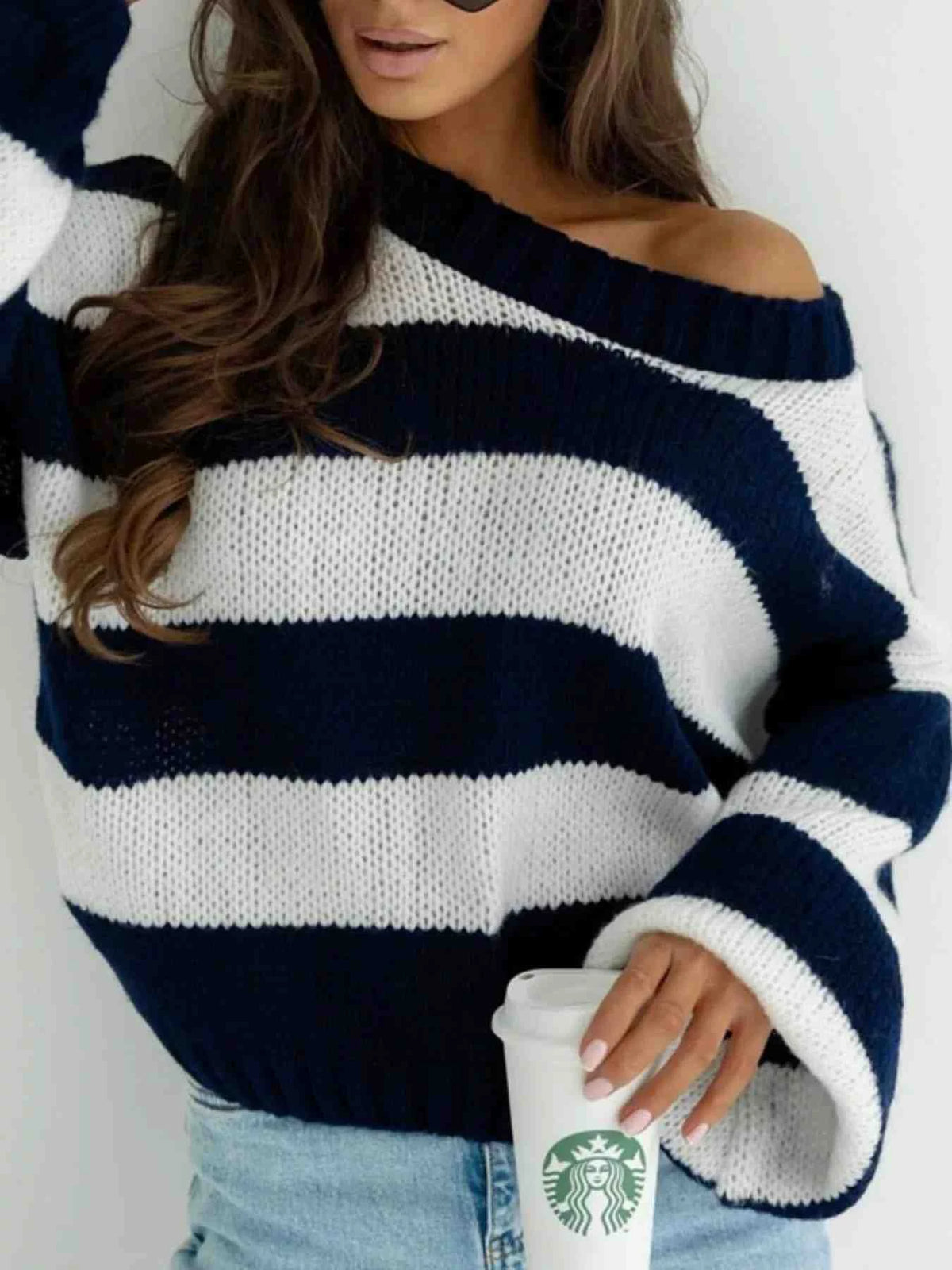 Camisola às Riscas de Ombros Descaídos