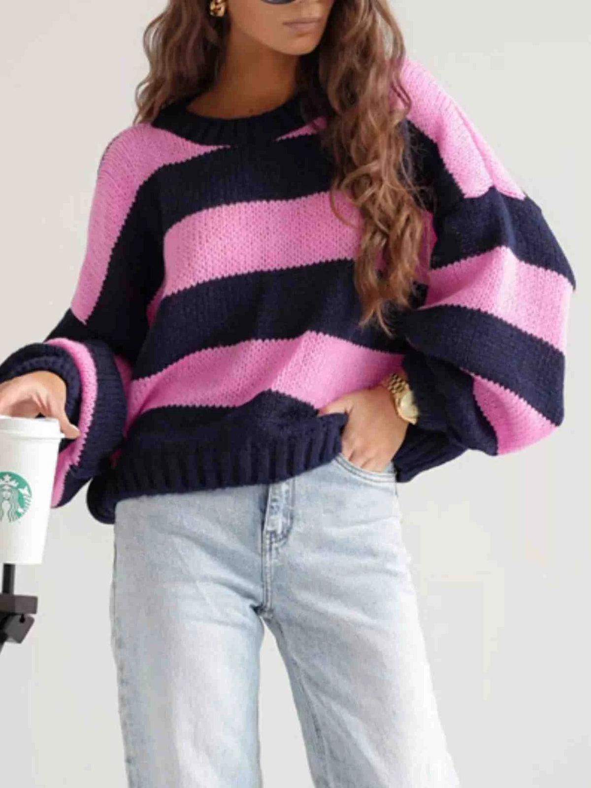 Camisola às Riscas de Ombros Descaídos
