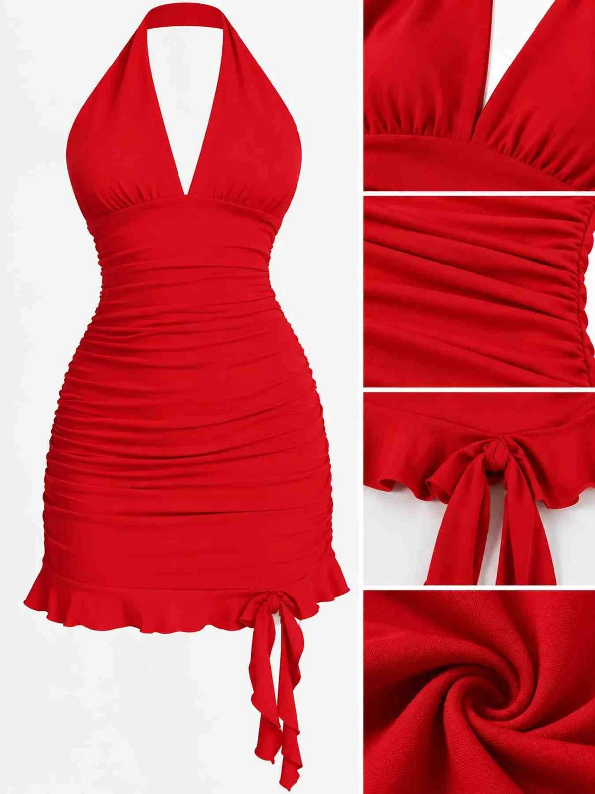 Vestido Mini Justo Franzido com Laço Atrás
