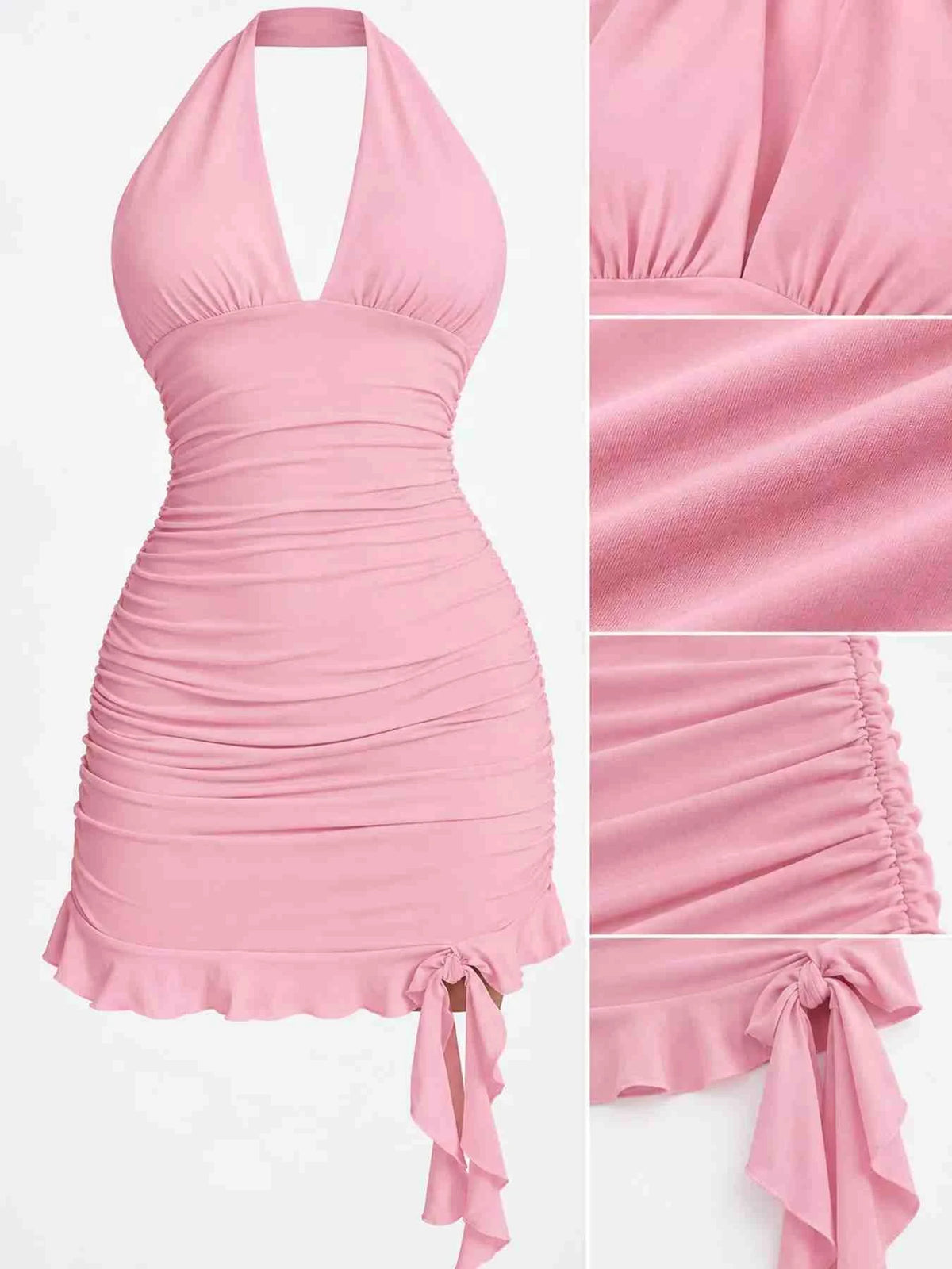 Vestido Mini Justo Franzido com Laço Atrás