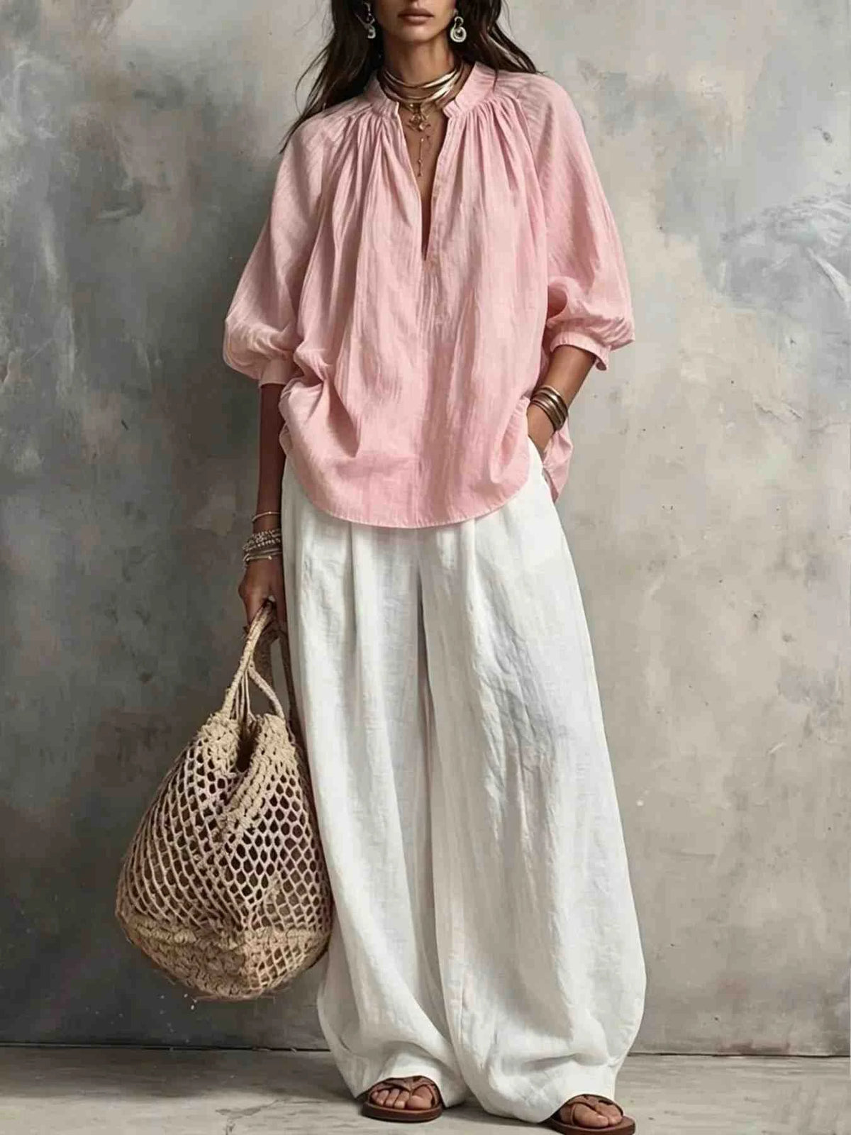 Conjunto Blusa com Gola Entalhada e Calças de Perna Larga