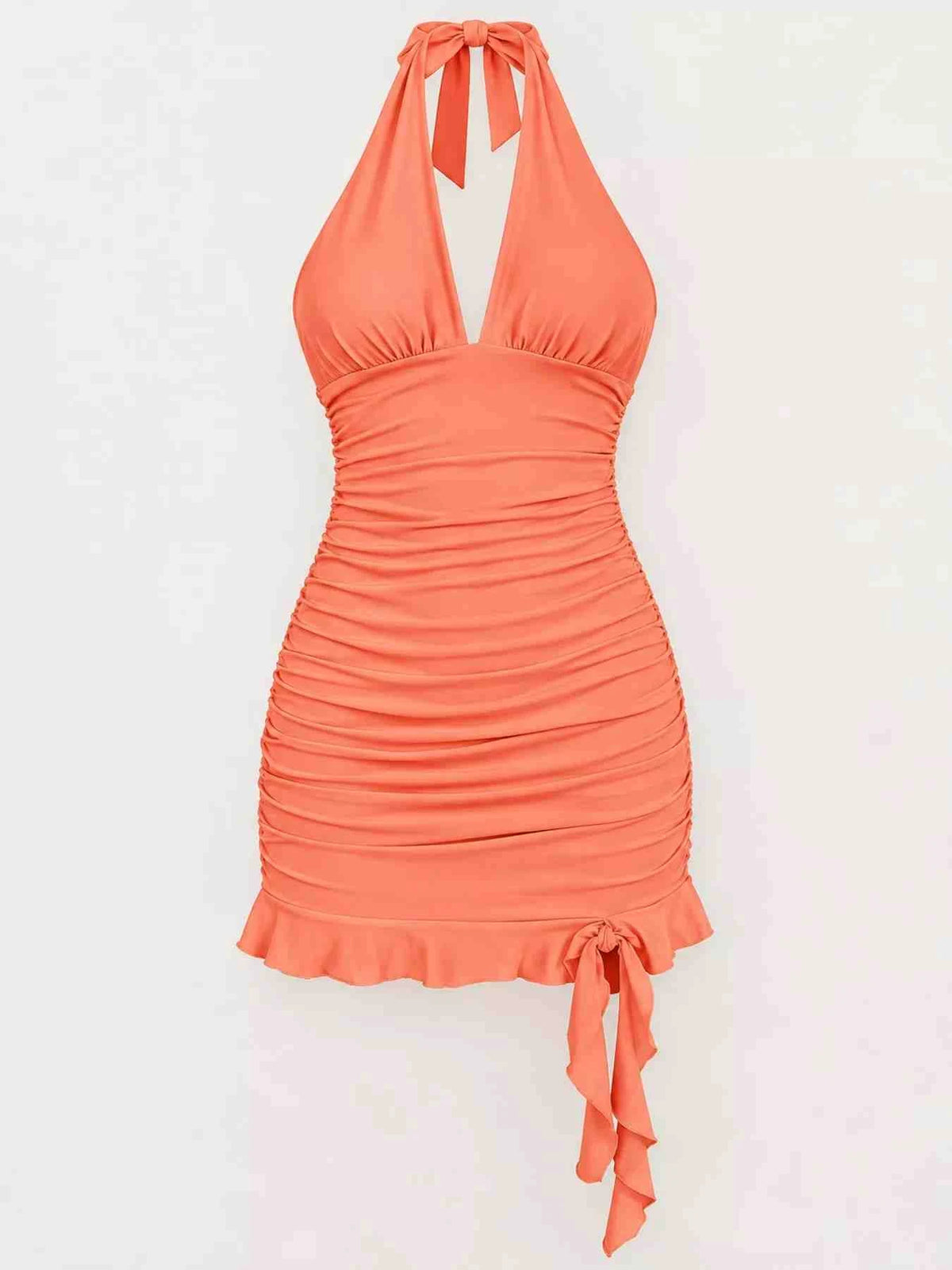 Vestido Mini Justo Franzido com Laço Atrás