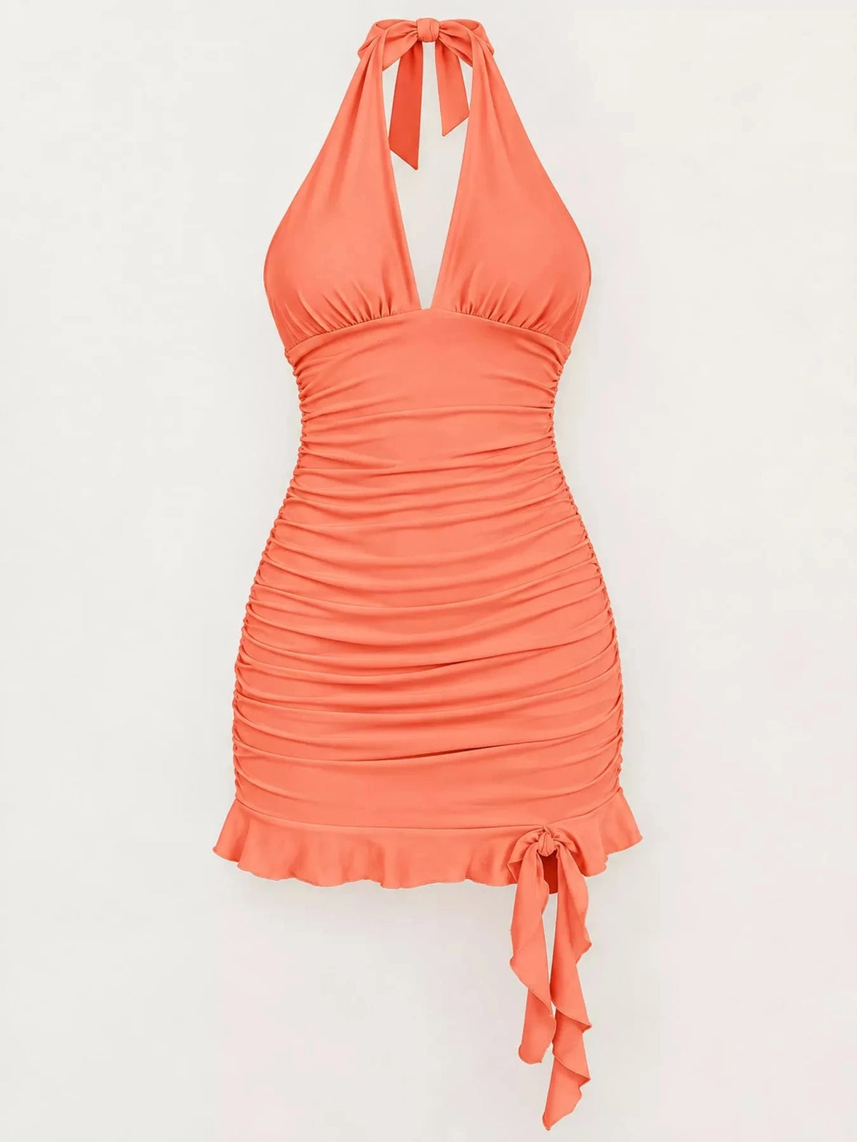 Vestido Mini Justo Franzido com Laço Atrás
