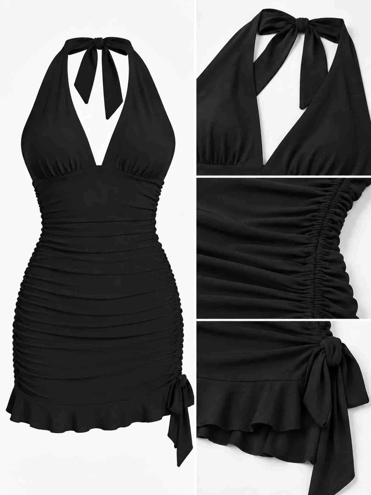 Vestido Mini Justo Franzido com Laço Atrás