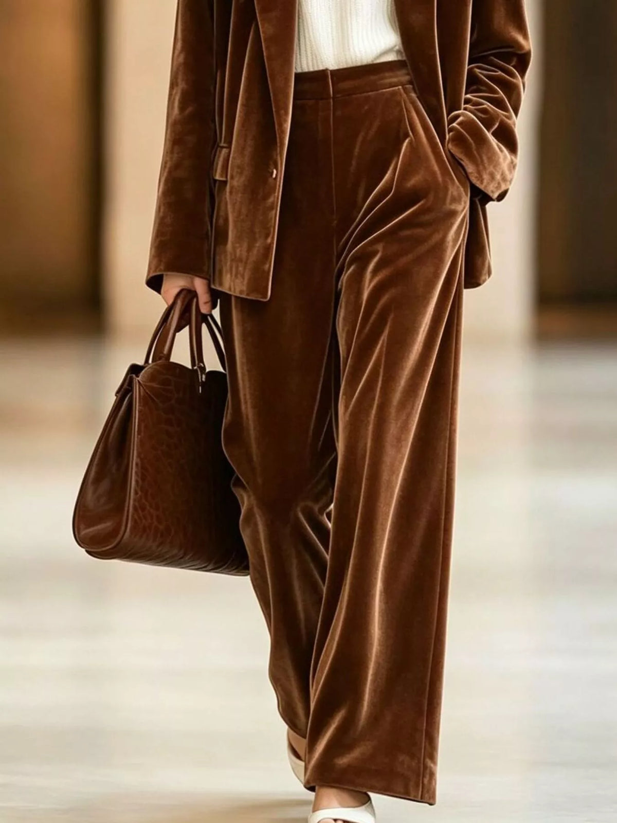Conjunto de Blazer em Veludo e Calças Wide-Leg