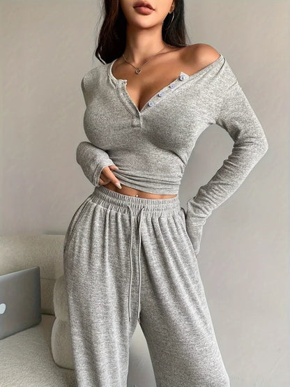 Conjunto Top com Botões Manga Comprida e Calças Wide-Leg