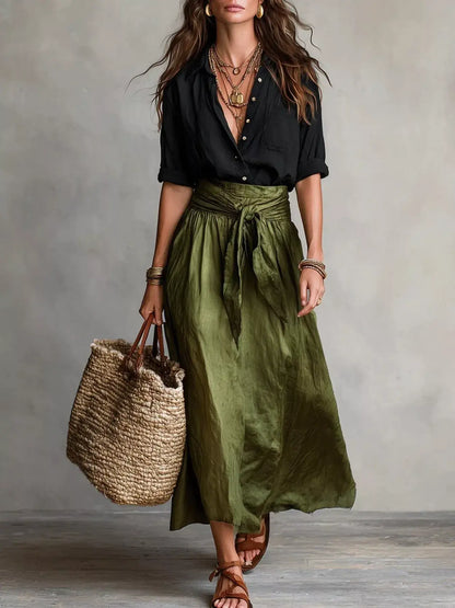 Full Size Button-Down Shirt and Skirt Set Plus Size