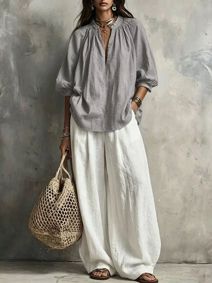 Conjunto Blusa com Gola Entalhada e Calças Wide-Leg