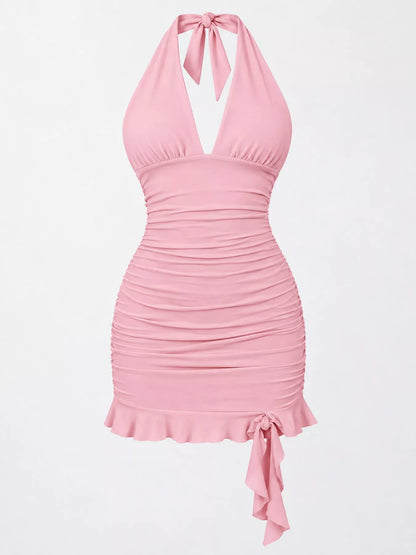 Ruched Halter Neck Bodycon Mini Dress