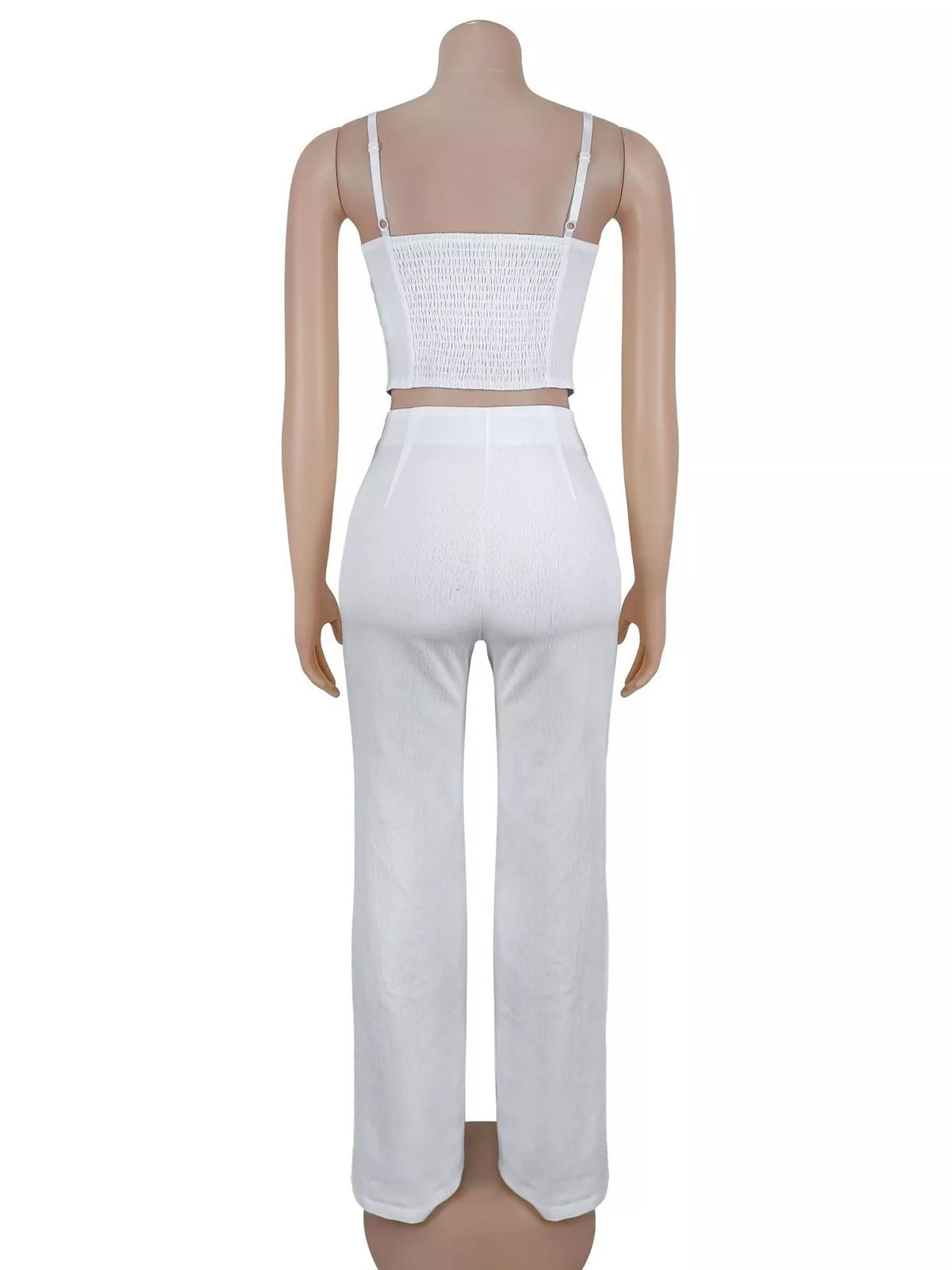 Conjunto de top de alças com costas franzidas e calças de perna larga