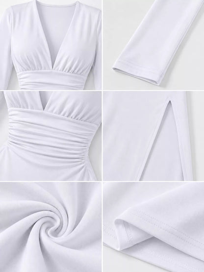Vestido Justo Franzido com Decote em V Profundo e Fenda Alta