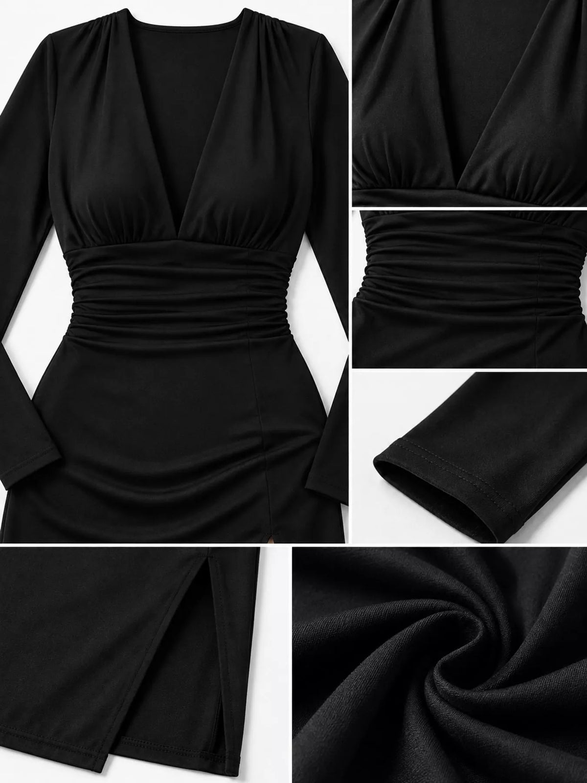 Vestido Justo Franzido com Decote em V Profundo e Fenda Alta