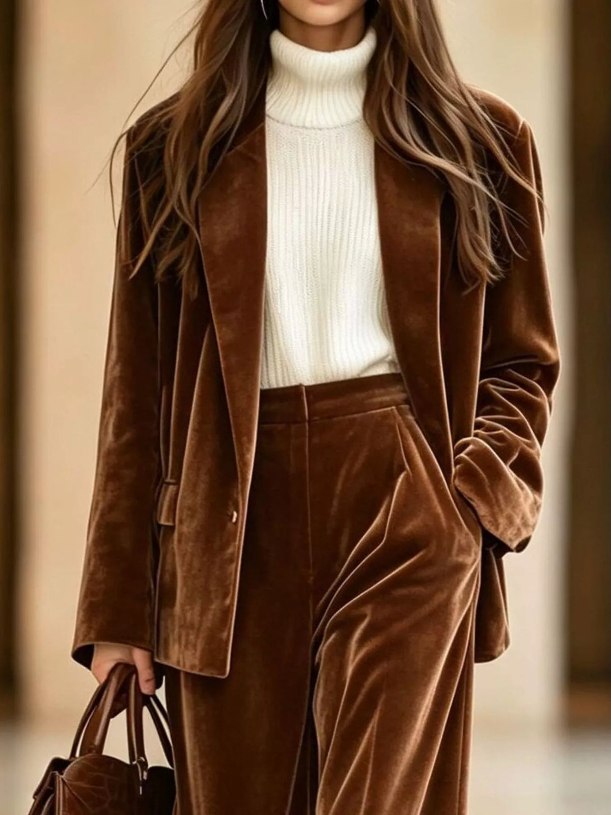 Conjunto de Blazer em Veludo e Calças Wide-Leg