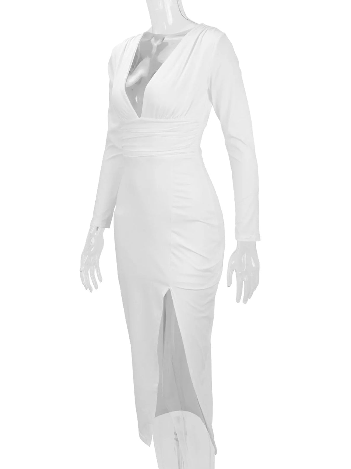 Vestido Justo Franzido com Decote em V Profundo e Fenda Alta