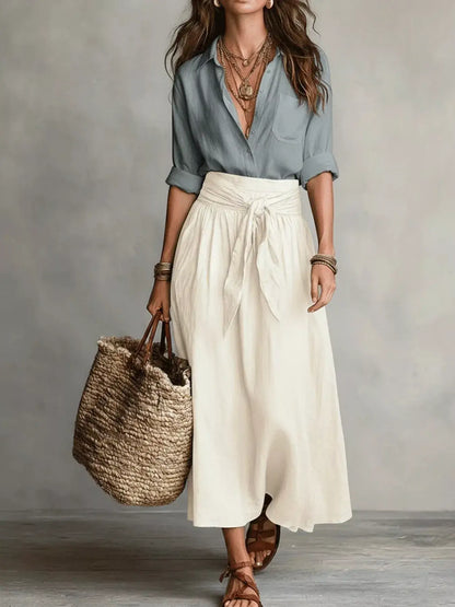 Full Size Button-Down Shirt and Skirt Set Plus Size