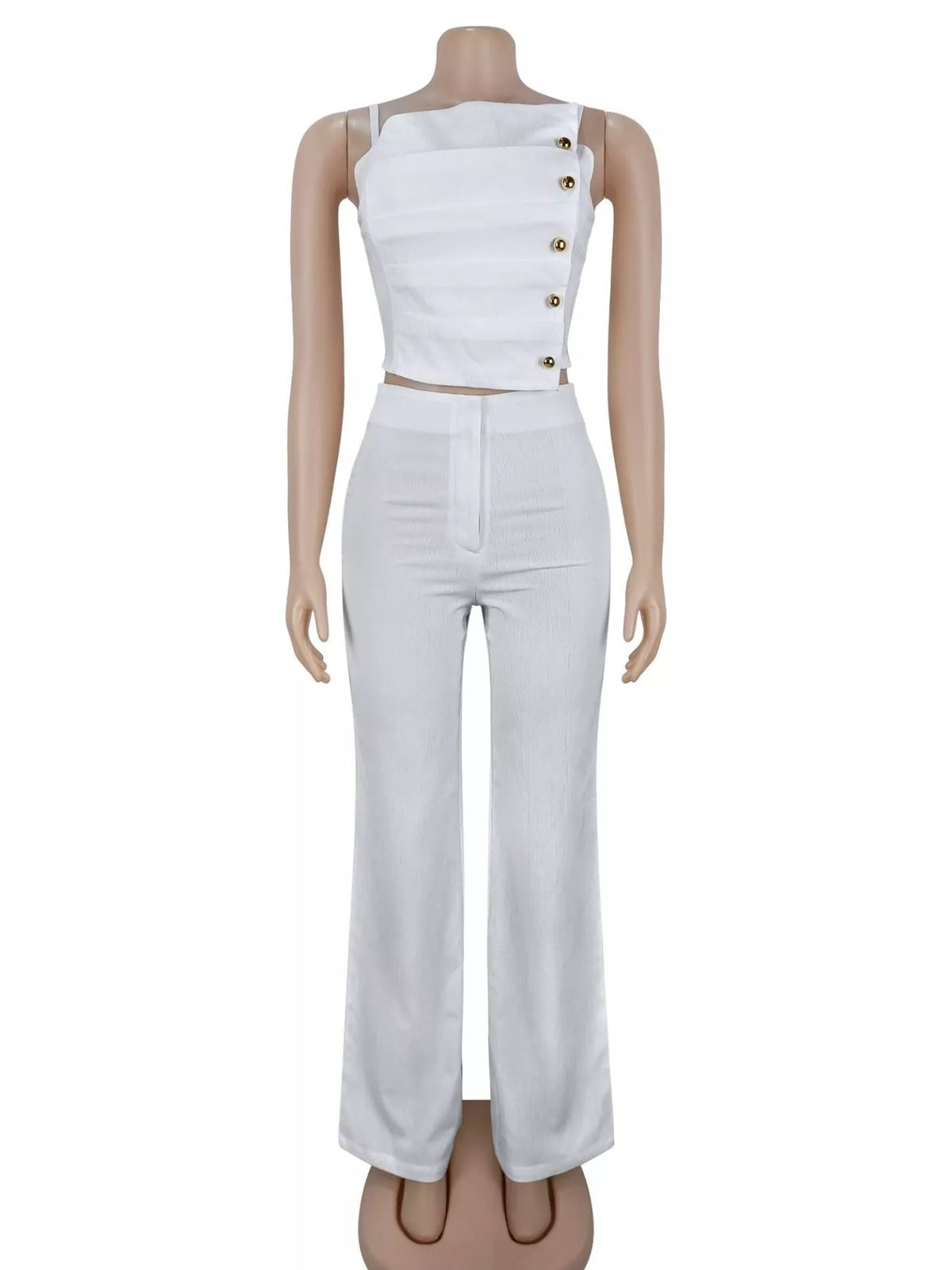 Conjunto de top de alças com costas franzidas e calças de perna larga