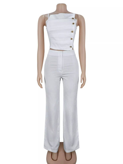 Conjunto de top de alças com costas franzidas e calças de perna larga