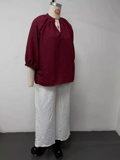 Conjunto Blusa com Gola Entalhada e Calças Wide-Leg