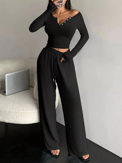 Conjunto Top com Botões Manga Comprida e Calças Wide-Leg