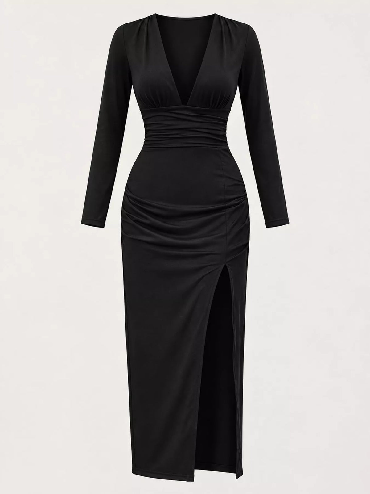 Vestido Justo Franzido com Decote em V Profundo e Fenda Alta