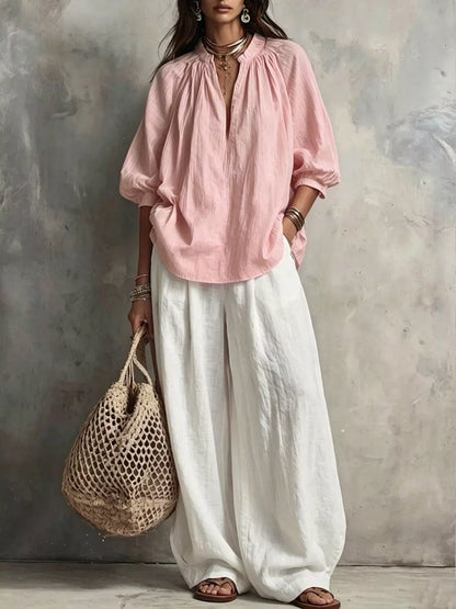 Conjunto Blusa com Gola Entalhada e Calças Wide-Leg