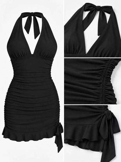Ruched Halter Neck Bodycon Mini Dress