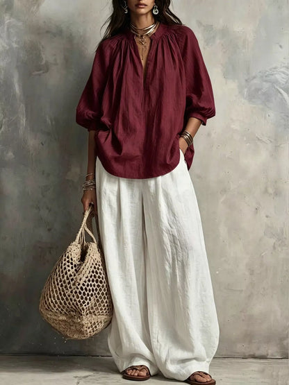 Conjunto Blusa com Gola Entalhada e Calças Wide-Leg