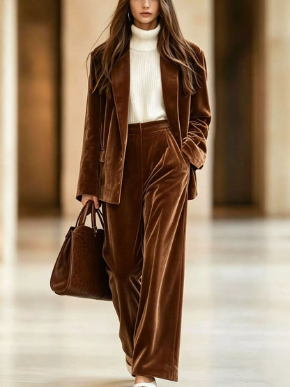 Conjunto de Blazer em Veludo e Calças Wide-Leg