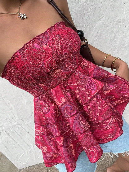 Smocked Layered Paisley Print Tube Top